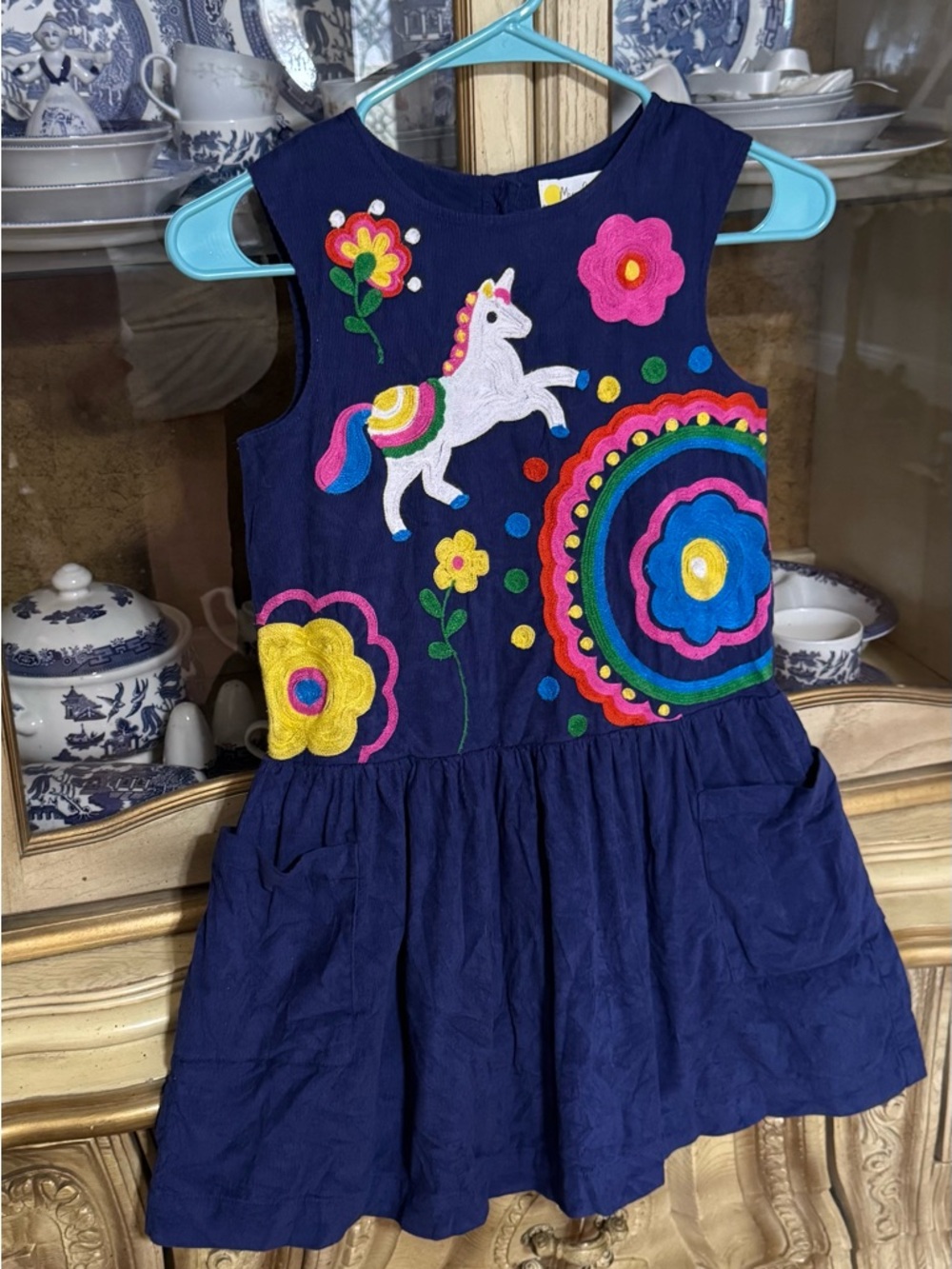 Mini Boden Navy Blue Fine Cord Unicorn Floral Dress 9-10y girls